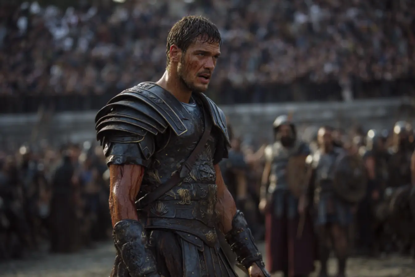 Oliver Reed como Proximo, recriação digital e efeitos visuais de Gladiador em sua homenagem