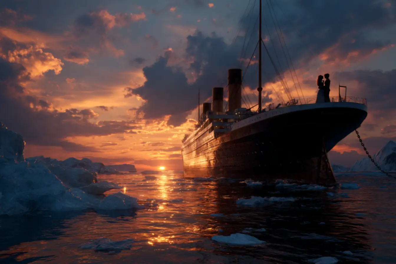 CGI pioneiro dos efeitos visuais de Titanic, com fumaça e multidão animada.