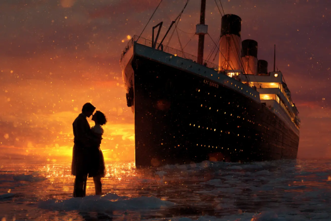 O navio Titanic em toda sua glória, destacando a imersão dos efeitos visuais.