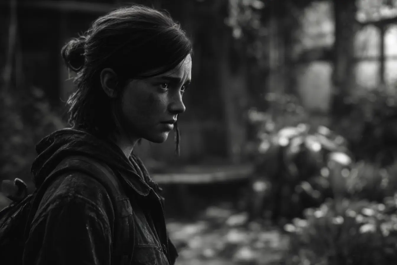 Ellie em um momento de introspecção na segunda temporada de The Last of Us, refletindo sobre as consequências da vingança.
