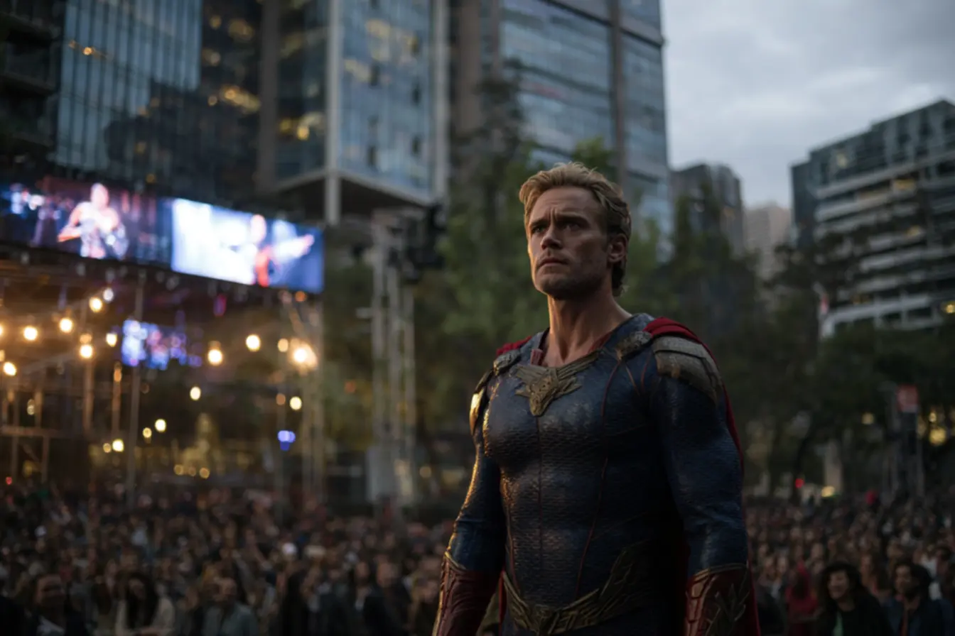 Homelander em posicionamento de dios, analisando a intersecção entre realidade e ficção