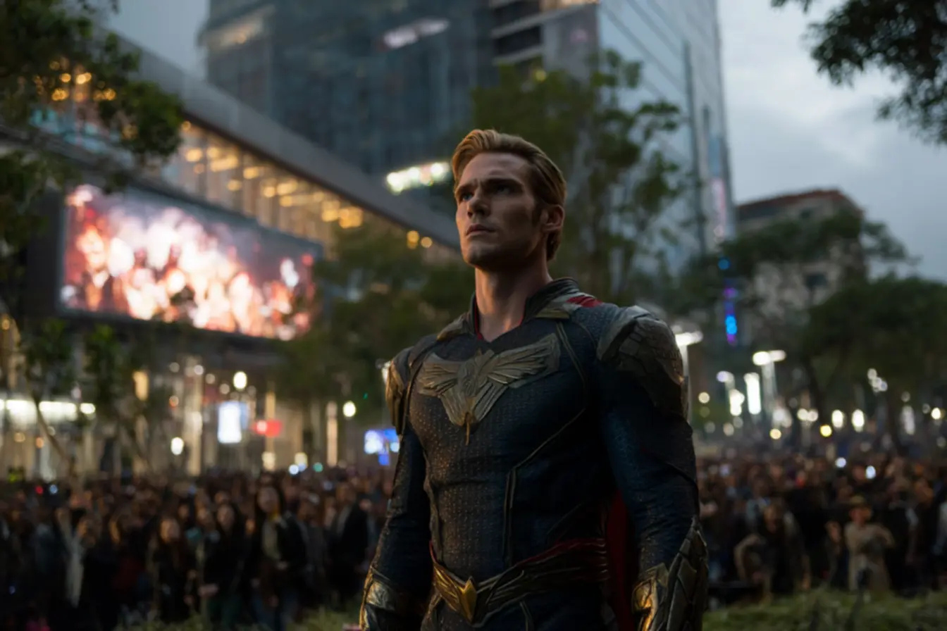 Homelander em cena representando divindade, refletindo sobre controle e poder