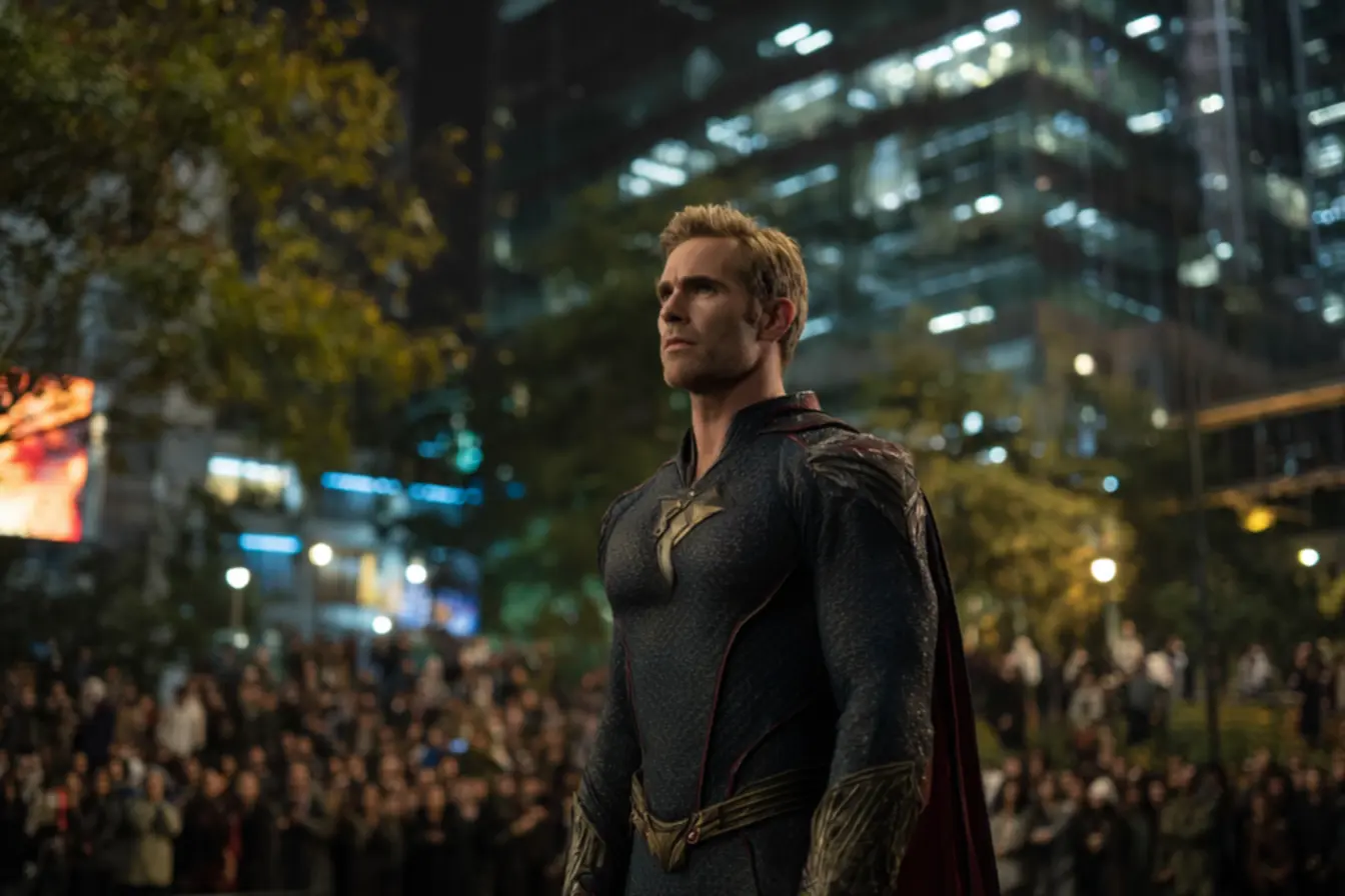 Cena de Homelander, questionando o impacto de suas ações na sociedade